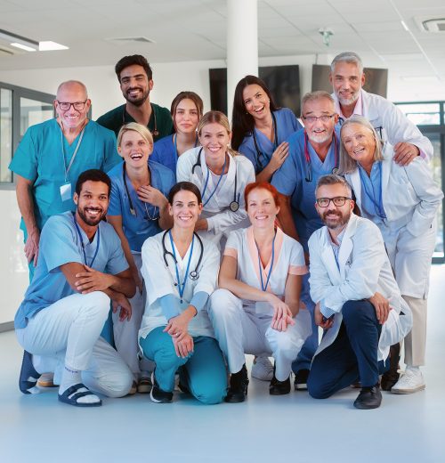 Portrait of happy doctors, nurses and other medical staff in a hospital.